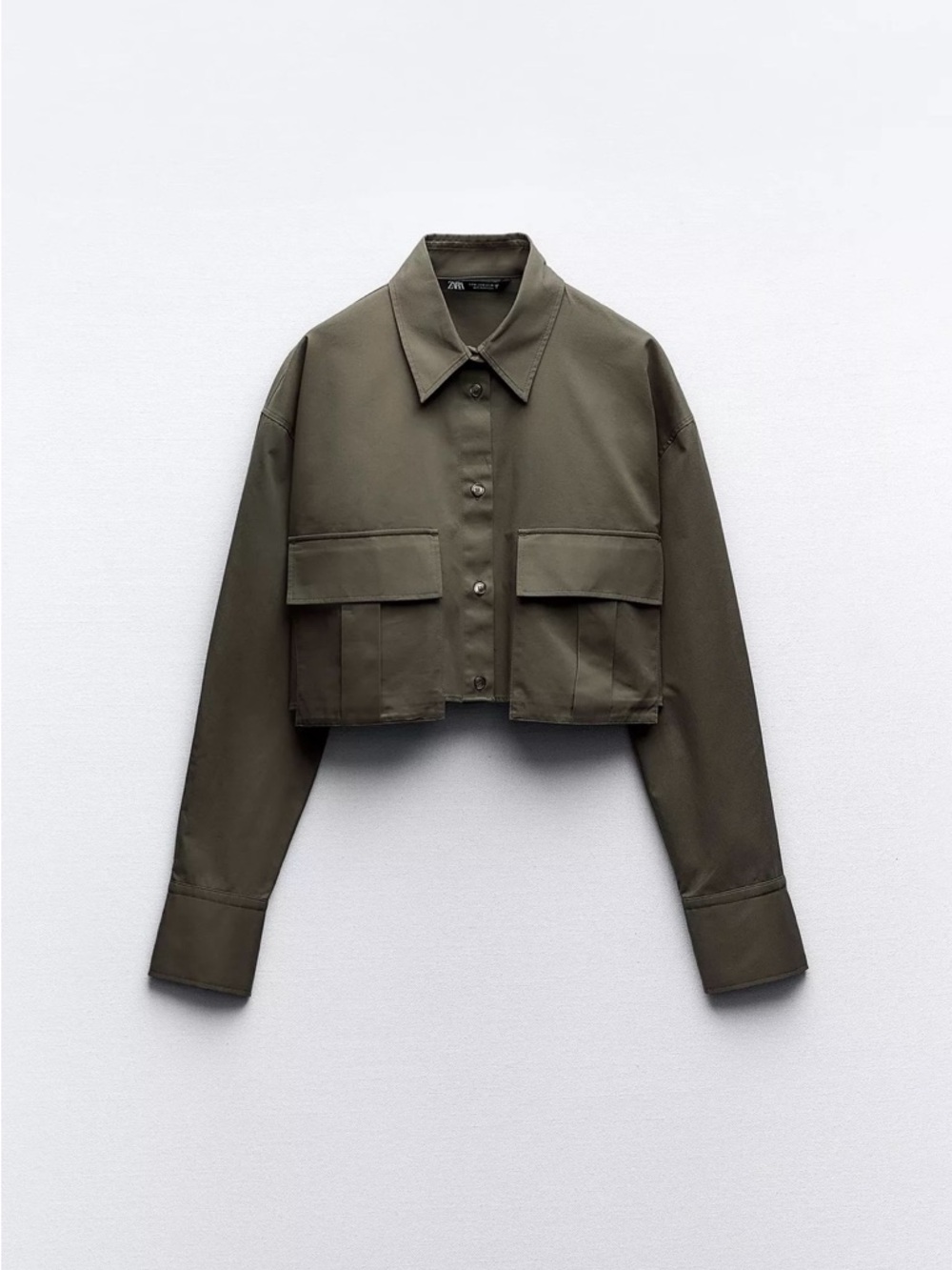 Zara Cropped Gabardine Utility Shirt in Olive- NWT